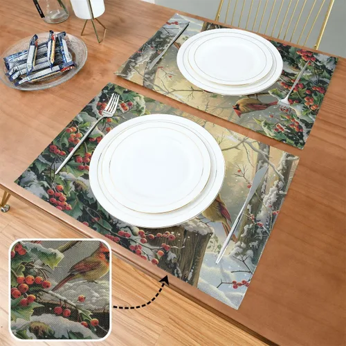 Miniatura 2 de Wamika Juego de 4 manteles individuales de invierno con diseño de pájaros cardenales y bayas de acebo, manteles individuales de arpillera