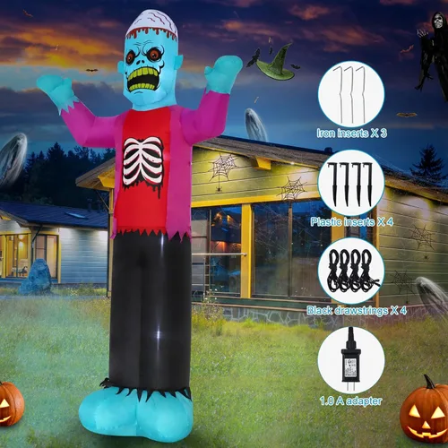 Miniatura 5 de 12 pies de decoración inflable de Halloween para exteriores, esqueleto zombi azul espeluznante con luces LED, decoración inflable para fiestas