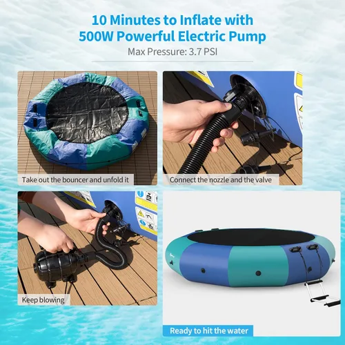 Miniatura 4 de Goplus - Trampolín inflable de agua de 10 pies, 12 pies, 15 pies, rebotador acuático recreativo con inflador eléctrico, escalera de cuerda, cuerdas