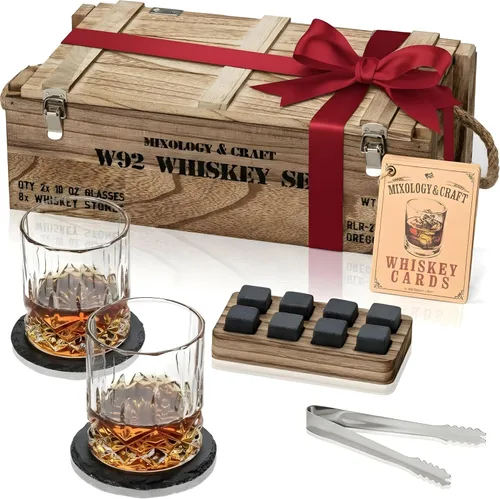 Juego de vasos de whisky de Mixology & Craft de 2 vasos de cristal y posavasos de pizarra | Regalo perfecto para vacaciones, regalo secreto de Papá