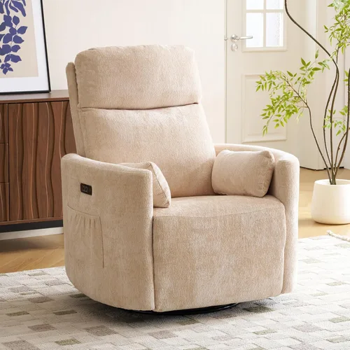 Oversized Swivel Rocker Recliner with Massage and Heat (Beige, Power Recliner)