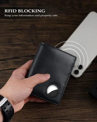 Miniatura 16 de Swallowmall AirTag Billetera para hombre con bloqueo RFID, de piel auténtica, plegable, para AirTag con 1 ventana de identificación, 13 tarjeteros