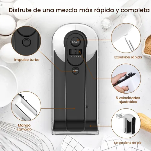 Miniatura 8 de Batidora de mano eléctrica de 5 velocidades, batidora de mano de 800 W con turbo para hornear y cocinar, mezclador de alimentos de cocina con Blanco