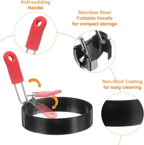 Miniatura 4 de HARFINGTON 4 anillos de huevo de 3.5 pulgadas de acero inoxidable antiadherente para panqueques con mango de silicona para freír huevos sándwich