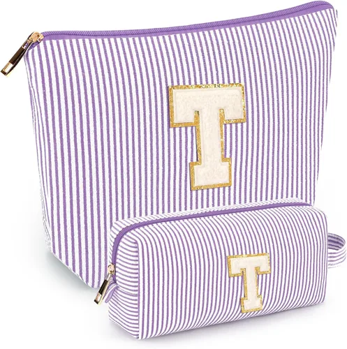 Miniatura 27 de 2 piezas de bolsas de maquillaje iniciales para mujeres: bolsa de cosméticos para viaje y artículos de tocador - Regalos de cumpleaños para niñas