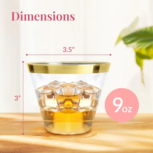 Miniatura 3 de Prestee Paquete de 100 vasos de plástico desechables con borde dorado de 9 onzas para embutidos, bodas, fiestas y eventos, elegantes tazas de cóctel