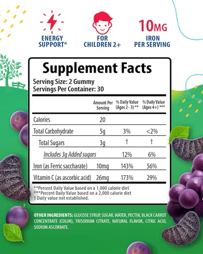 Miniatura 2 de SUNNY SAM Gomitas de hierro para niños y adolescentes - 10 mg de vitaminas de hierro con vitamina C - Suplemento masticable de gomitas con bajo