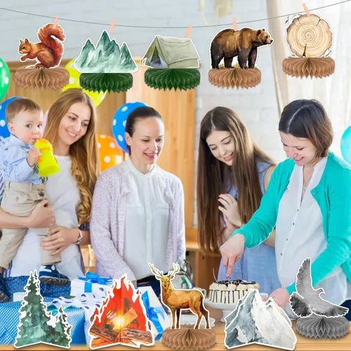 Miniatura 6 de 10 piezas de decoración de fiesta de aventura espera, decoración de mesa de campamento, deja que la aventura comience centros de mesa, feliz