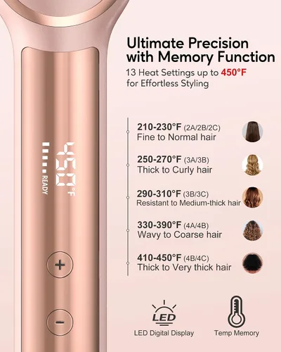 Miniatura 7 de Terviiix Cepillo alisador de cabello oro rosa, peine iónico antiencrespamiento con calentador MCH, 13 ajustes de calor, calentamiento rápido 20S