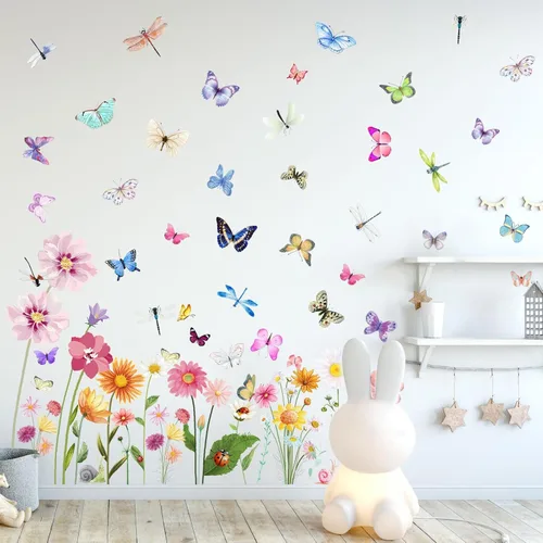Miniatura 4 de 80 calcomanías de pared con diseño de flores, mariposas, crisantemos, libélulas, flores, despegar y pegar, arte removible de PVC para jardín