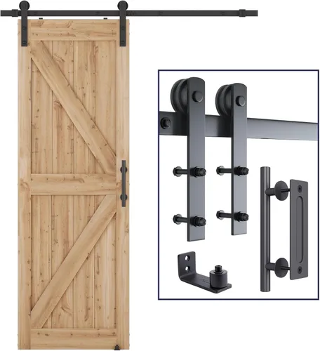 SMARTSTANDARD Kit de herrajes para puerta corrediza de granero resistente de 5.5 pies, color negro, (todo el juego incluye 1 juego de manijas y 1
