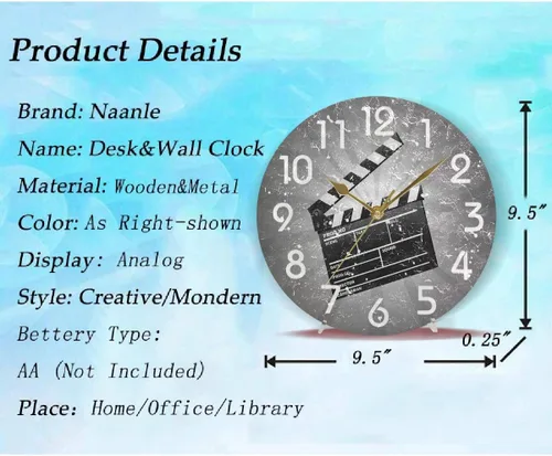 Miniatura 2 de Naanle Reloj de pared redondo retro de cine, 9.5 pulgadas, funciona con pilas, reloj de escritorio analógico silencioso de cuarzo para el hogar