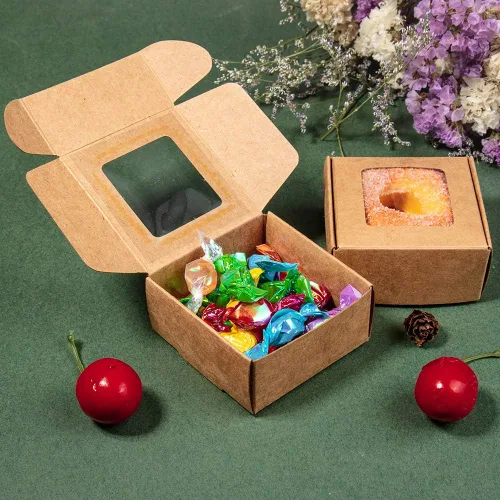 Miniatura 6 de BENECREAT 30 paquetes de cajas cuadradas de papel kraft marrón de 2.5 x 2.5 x 1.2 pulgadas, cajas de regalo con ventana transparente para regalos