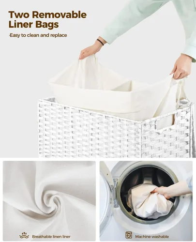 Miniatura 61 de GREENSTELL Cesta para ropa sucia con ruedas y tapa, 130 L, cesta grande de 3 secciones con 2 tipos de bolsas de forro extraíbles, 5 bolsas de malla