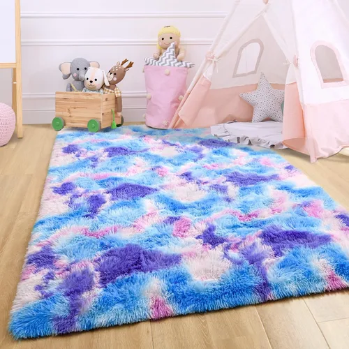 Miniatura 6 de Noahas - Alfombra suave y afelpada para habitación de niña y sala de estar, colorida, decoración para guardería, teñido anudado arcoíris, azul