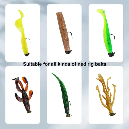 Miniatura 7 de 8 cabezales de tungsteno Ned Rig con ganchos en diferentes tamaños, cabezas de plantilla de hongo para pesca de lubina con señuelos suaves Calabaza