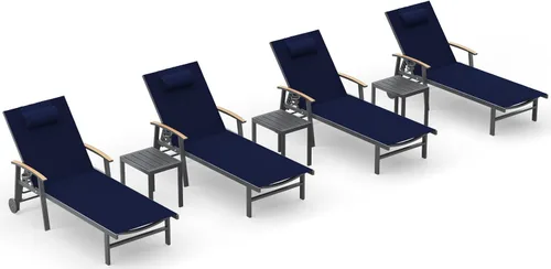 Miniatura 14 de Ciokea Sillón para exteriores con almohada, tumbona de aluminio de 5 posiciones con ruedas y reposabrazos, silla de piscina resistente de 400 libras