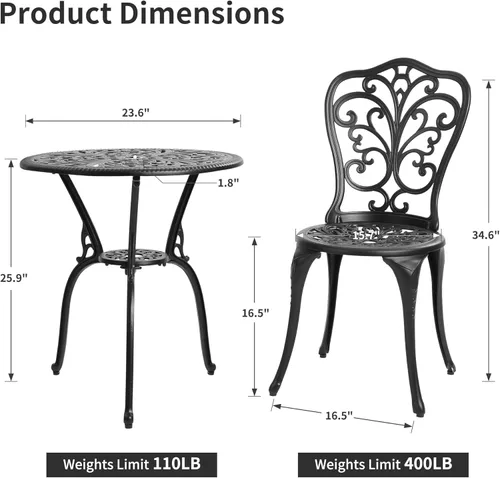 Miniatura 7 de HOMEFUN Juego de Mesa y Sillas de Bistró de 2 Piezas para Exteriores, Juego de Patio de 3 Piezas con Patrón de Mariposa de Aluminio Fundido