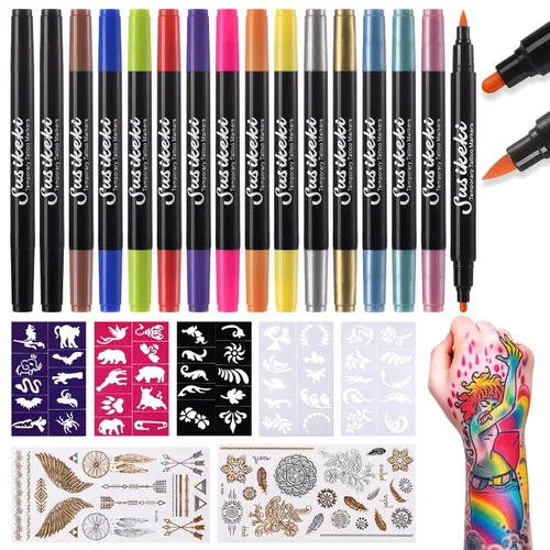 Miniatura 9 de Marcadores temporales de tatuaje para piel, 15 bolígrafos de tatuaje de doble punta + 50 plantillas de pintura + 43 calcomanías de tatuajes, juego
