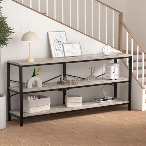 Miniatura 4 de Mesa consola industrial de 71 pulgadas detrás del sofá, mesa de sofá extra larga con estantes de almacenamiento de madera de 3 niveles, mesa de TV