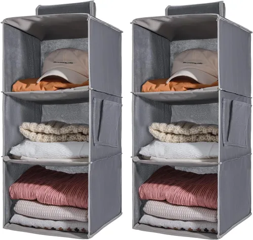 Miniatura 12 de Paquete de 2 organizadores colgantes para armario, estantes colgantes de 4 niveles para armario con inserciones de bambú resistentes, color negro