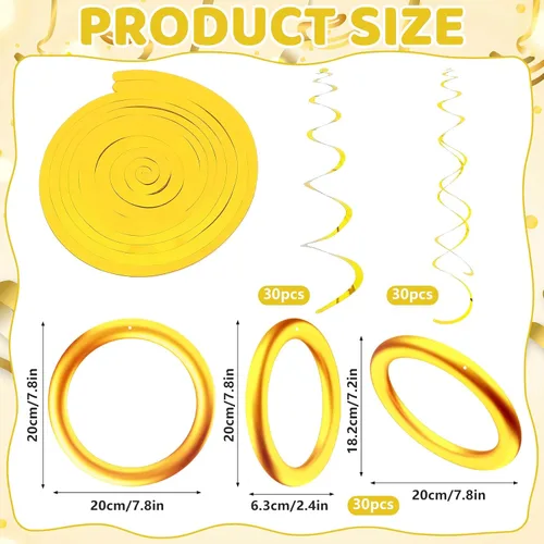 Miniatura 2 de Juego de 90 espirales colgantes de anillo dorado con tarjeta de papel de aluminio dorado para colgar, videojuegos, fiesta, serpentina de techo