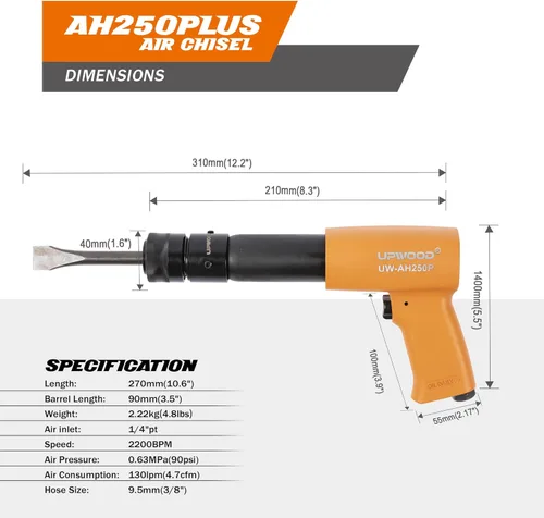 Miniatura 6 de UW-AH250P Kit de martillo neumático de barril largo con retenedor de cambio rápido y 4 cinceles, carrera de 3-5/8 pulgadas, 2200 BPM, peso ligero