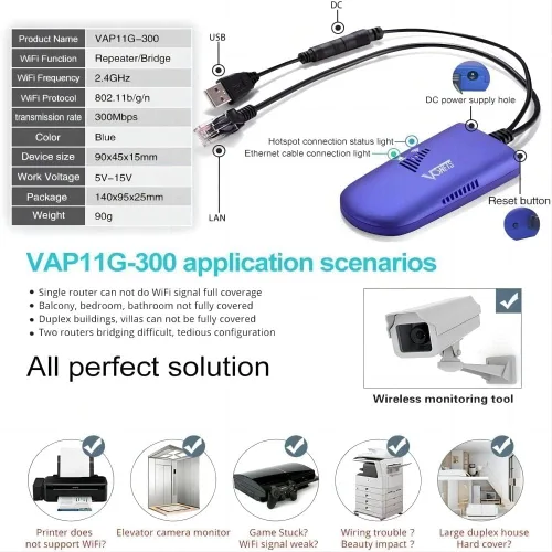Miniatura 2 de VONETS VAP11G-300 2.4G Mini WiFi puente/repetidor/amplificador de señal con 1 RJ45, alimentado por DC/USB para DVR, cámara IP, PS3 Puente WiFi 2.4G