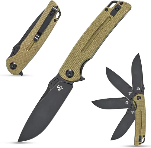 Sitivien ST137 - Cuchillo plegable, hoja de satén D2, mango de micarta, cuchillo de herramienta EDC para senderismo al aire libre, camping, pesca