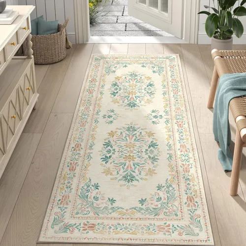Miniatura 48 de Jinchan Fiora - Alfombra redonda de 8 pies, alfombras vintage con diseño floral envejecido, lavable a máquina, antideslizante, de pelo bajo, Azul