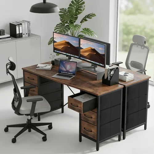 Miniatura 8 de Sweetcrispy Escritorio con 8 cajones de almacenamiento de tela, mesa de estudio de escritura de juegos de 47 pulgadas con estructura reforzada
