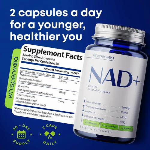 Miniatura 5 de Suplemento NAD+ con ribósido de nicotinamida, resveratrol trans y quercetina - Complejo NAD Plus para apoyo energético, cerebro y mitocondrial