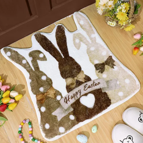 Miniatura 5 de Drydiet Alfombra de baño de conejo de Pascua, alfombra de baño retro de conejo, antideslizante, lavable, alfombra decorativa de bienvenida blanca