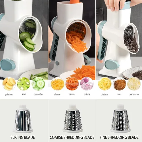 Miniatura 2 de Rallador de queso con manivela de mano, trituradora giratoria de verduras con asa, ralladores 3 en 1 con cuchillas intercambiables y base de succión