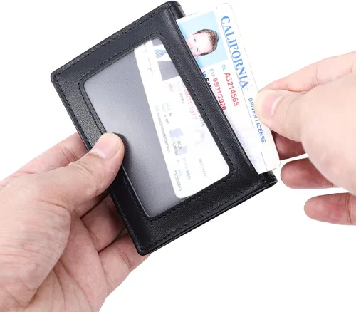 Miniatura 9 de RFID bloqueo bolsillo frontal delgado cuero plegable cartera tarjeta de crédito titular de la identificación ventana