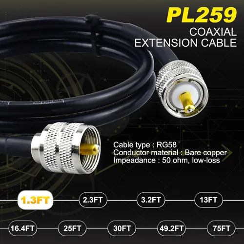 Miniatura 4 de Cable de puente PL259 de 1 pie - Cable coaxial RG58 de 15 pulgadas corto 50 ohmios coaxial para medidor SWR radio de radioaficionado radio CB
