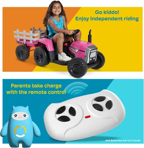 Miniatura 6 de Kidzone - Versión premium de 12 V 7 AH con neumáticos de goma EVA con motores duales de 35 W, tractor eléctrico alimentado con remolque, juguete