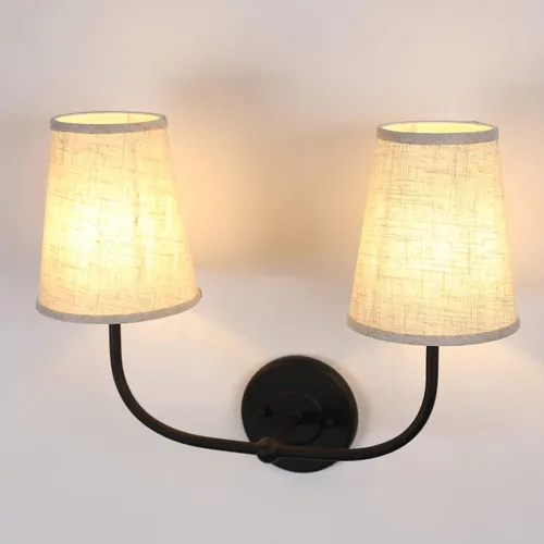 Miniatura 9 de Apliques de pared de 2 luces con embudo de tela de lino, lámparas de pared de doble luz para dormitorio, sala de estar, tocador, baño, pasillo, Negro