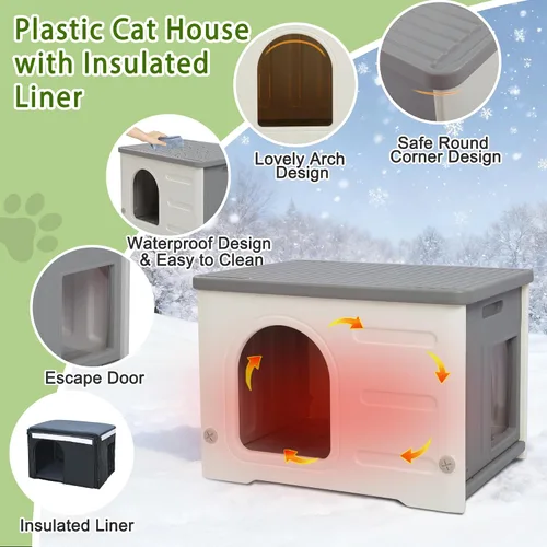 Miniatura 3 de Casa impermeable para gatos al aire libre, casa de plástico para gatos con puerta de escape y alfombrilla suave, refugio grande para gatos