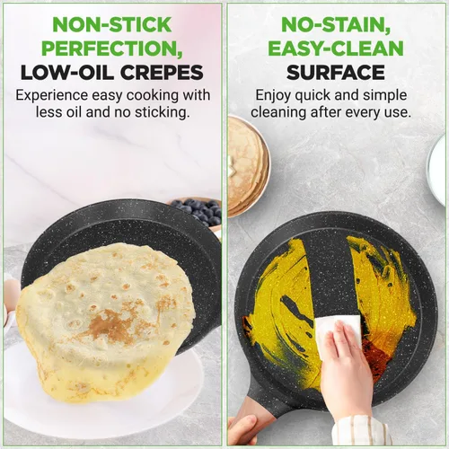 Miniatura 6 de NutriChef - Sartén para crepes de 24 cm (9.45 pulgadas) antiadherente con esparcidora de madera, sartén Dosa de mármol recubierto duradero, mango