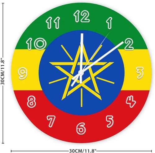 Miniatura 2 de Reloj de pared redondo de Etiopía con bandera de Etiopía, silencioso, sin tictac, relojes de pared para cocina, dormitorio, oficina, decoración