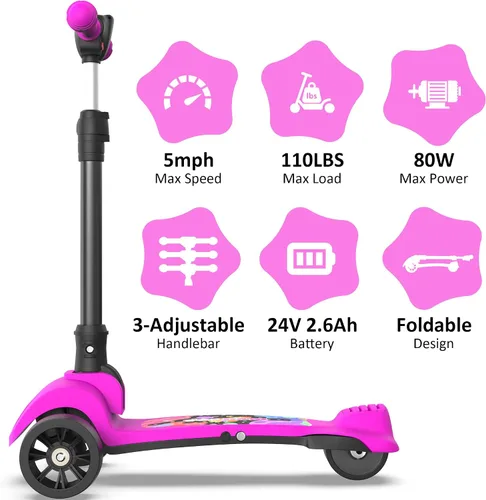 Miniatura 9 de Electric Scooter, 80W Motor, 3 Levels Adjustable Handlebar, 5 Mph Safe Speed, Lighted Up Wheel, Lean-to-Steer Design, Foldable Kick Scooter Boys &