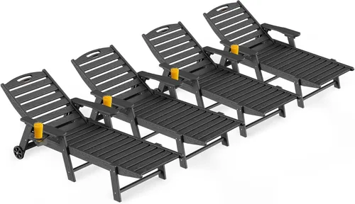 Miniatura 25 de Ciokea Silla de Descanso para Exteriores, Tumbona de Gran Tamaño con 5 Posiciones, HDPE, Silla de Descanso de Patio con Ruedas y Portavasos para Gris