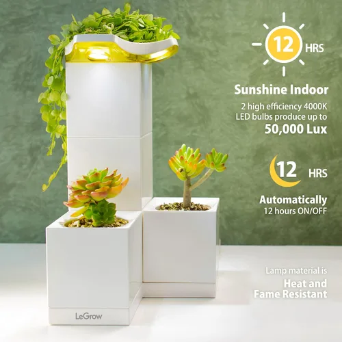Miniatura 2 de LeGrow Maceta de interior con luz LED de crecimiento, temporizador automático de 12 horas, 7 días sin riego, 2 macetas de riego automático