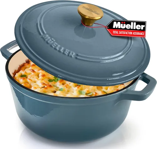Miniatura 36 de MÜELLERHOME Horno holandés de hierro fundido esmaltado, 6 cuartos de galón, resistente, cazuela con tapa y perilla de acero inoxidable, para todas