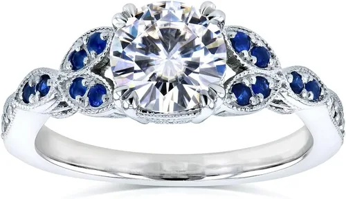 Miniatura 5 de Kobelli Anillo de compromiso de moissanita y zafiro azul de estilo antiguo Acentos de 1 15 CTW Oro blanco de 14 k