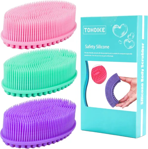 Miniatura 9 de TDHDIKE Esponja de silicona para el cuerpo, juego de 3 esponjas suaves exfoliantes para baño y ducha, cepillo para niños sensibles, mujeres