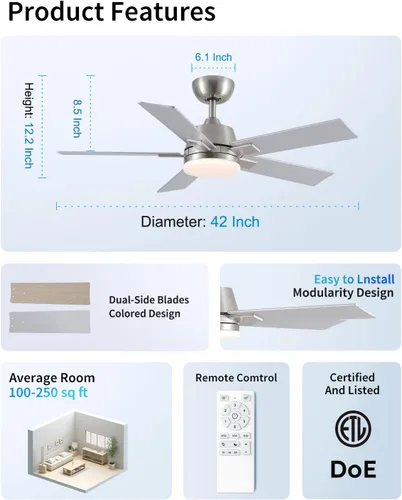 Miniatura 7 de Ventiladores de techo de 42 pulgadas con luces y control remoto, ventilador de techo de níquel cepillado, motor CC reversible de 6 velocidades, LED