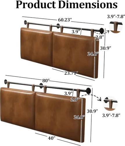 Miniatura 2 de BSHOMGI Cabecera Queen, Cabeceras Colgantes con Cuero Sintético Marrón de Tubo Industrial Estilo Moderno Solo para Tablero Trasero de Cama