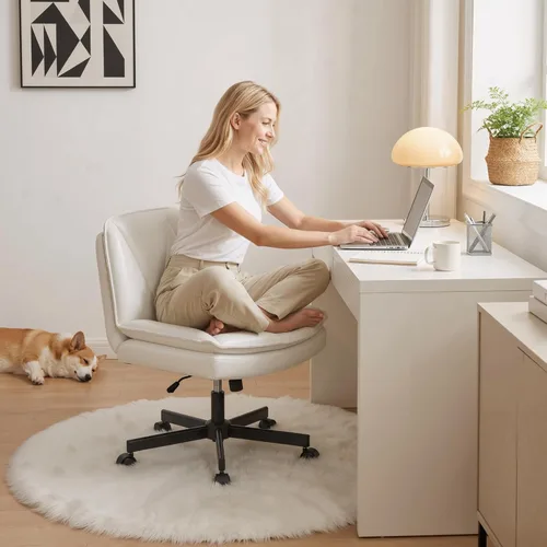Miniatura 5 de DurayLoly Silla Criss Cross con Ruedas, Silla de Oficina con Patas Cruzadas con 2 Capas de Cuero Comfty & Back, Silla de Tocador Ancha sin Brazos